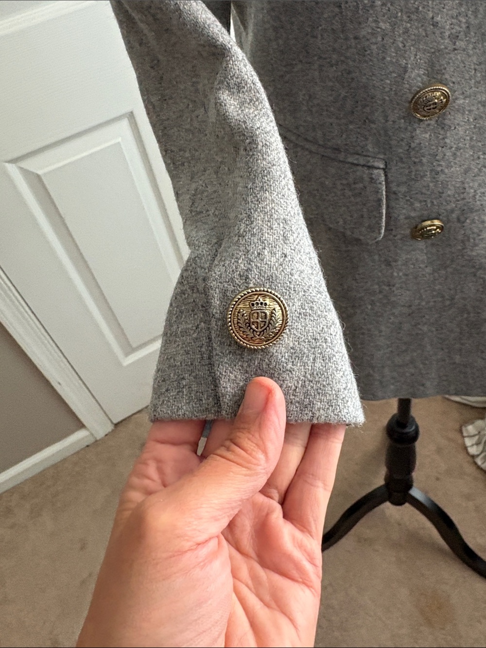 Double-Breasted Gray Women's Wool Blend Blazer Jacket - Picture 7 of 10